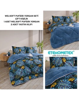 ETE HOMETEX ÇİFT KİŞİLİK LÜX WELSOFT YORGAN SETİ 195X215CM MONESTERA İNDİGO 8696474231953